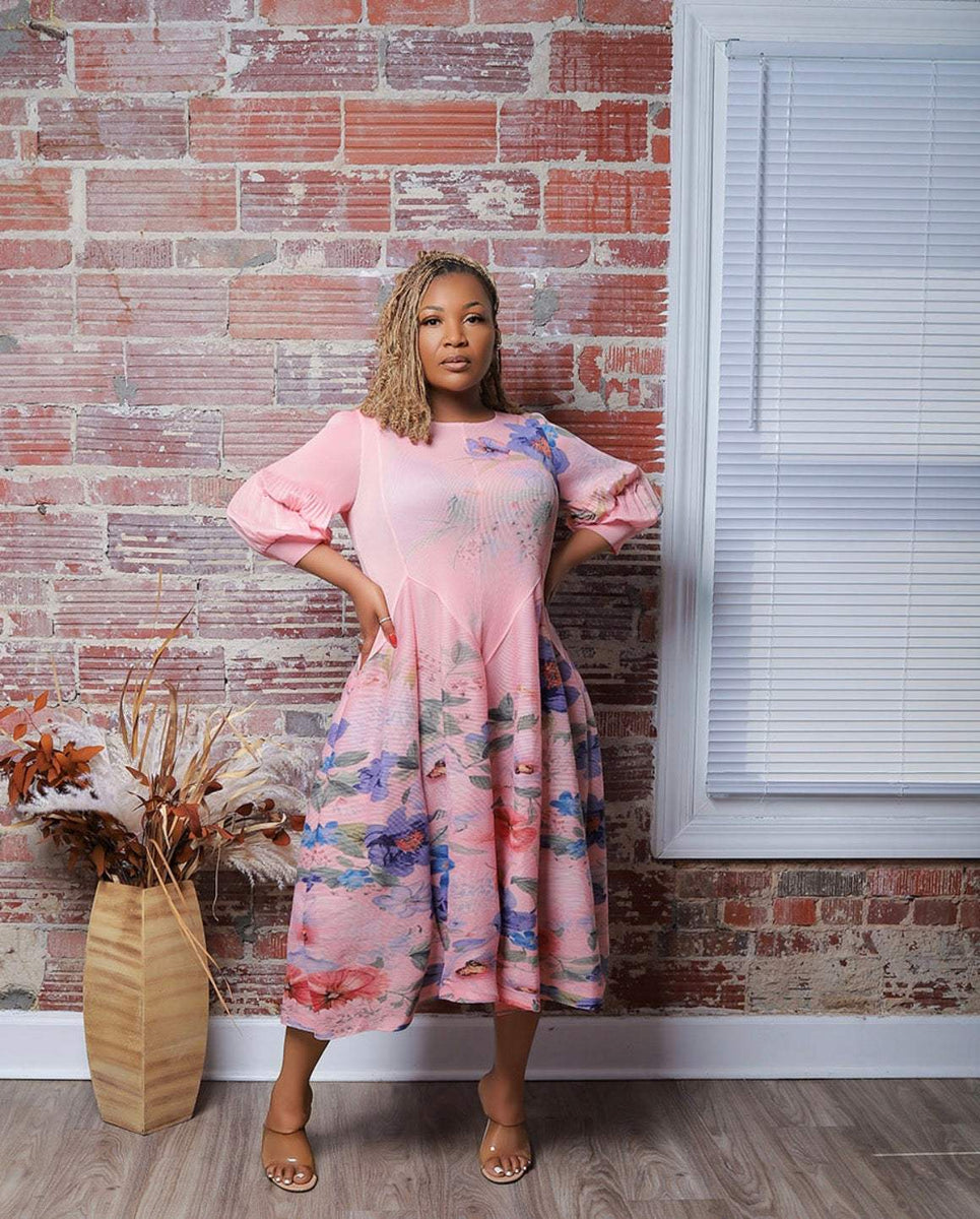 blooming light midi dress pink Pink Floral Tiered Dress - Ruffled Midi Dress - Floral Midi Dress