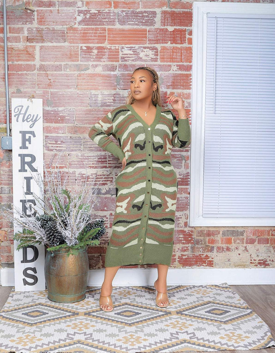 Camo Chic Button-Down Knit Midi Dress Jazz It Up Boutique Camo Chic Button-Down Knit Midi Dress Jazz It Up Boutique