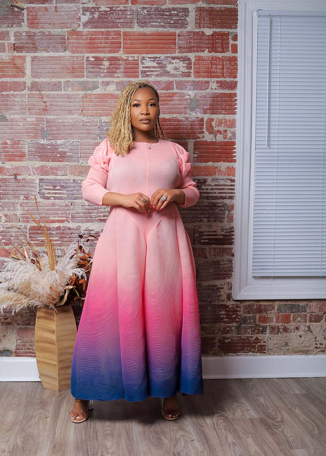 pleated maxi dress pink Slim Fabric has some stretch Women's Blush Pleated Frill Halterneck